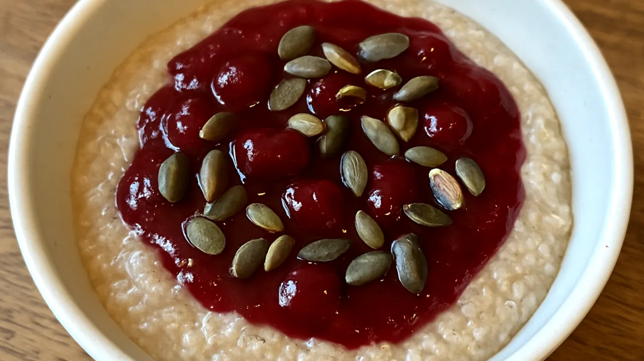 Amaranth-Quinoa-Pudding mit Kirschtart-Saft und gerösteten Kürbiskernen"
