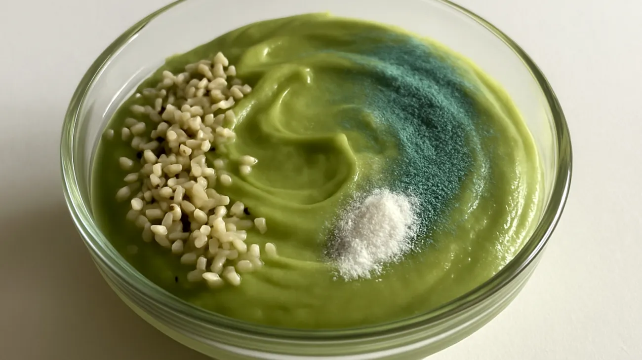 Avocado-Hanfsamen-Mousse mit Spirulina und Kollagenpulver"