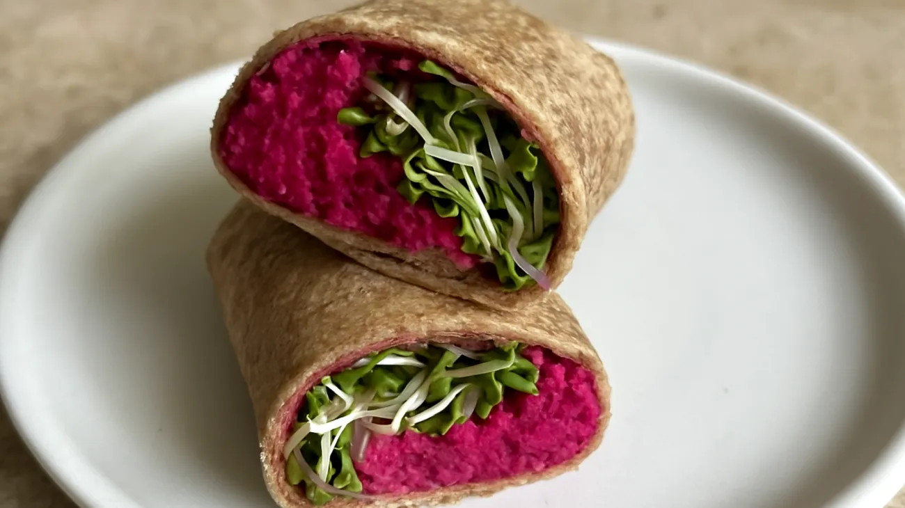 Fermentierte Rote-Bete-Hummus-Wraps mit Sprossen"